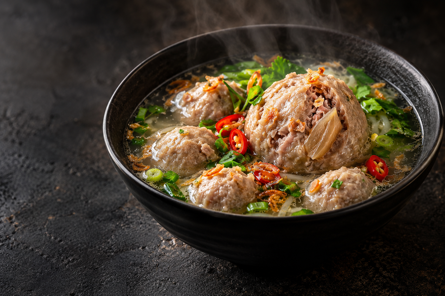 Cadangan hidangan bakso dalam kuah dengan cili dan daun hijau